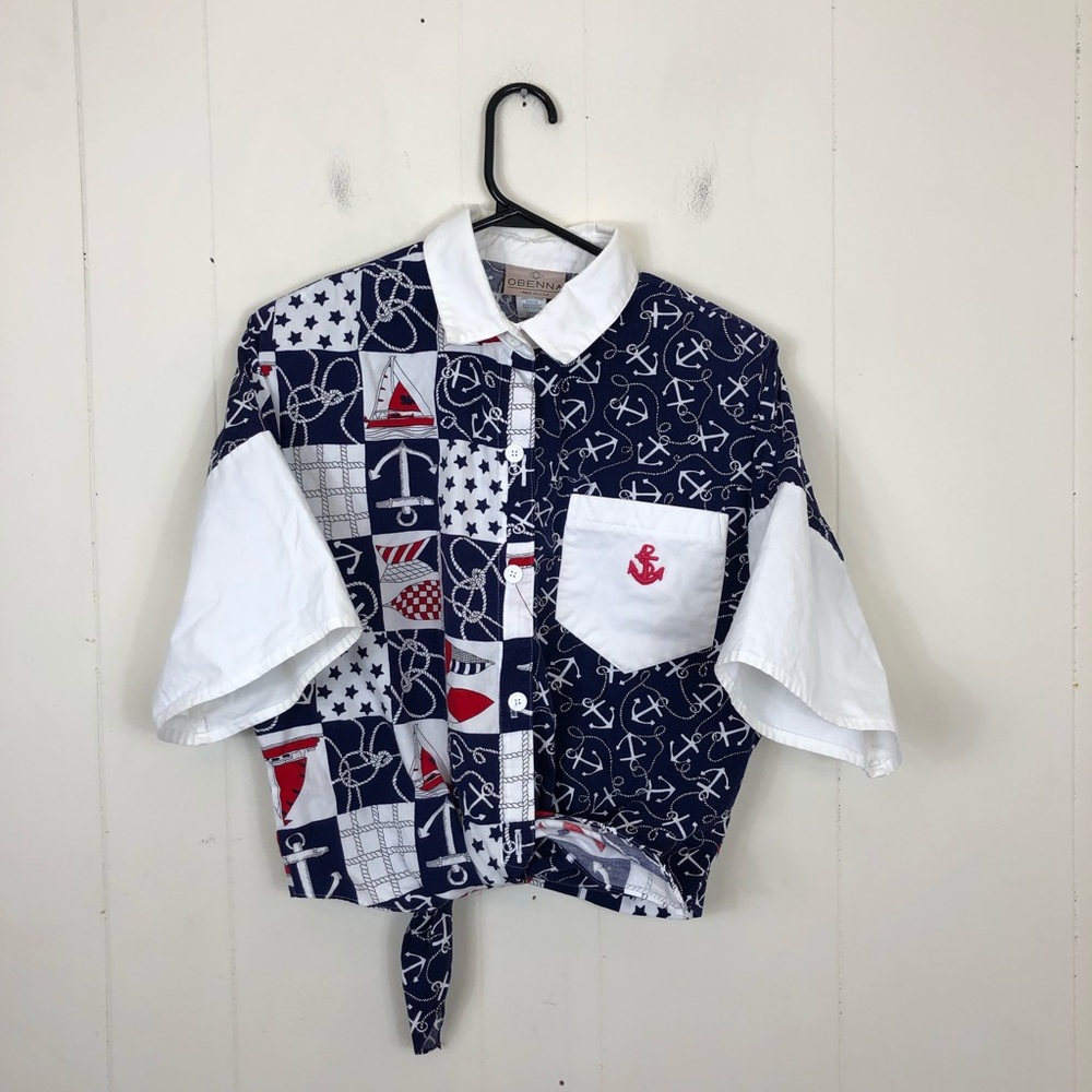 Vintage Nautical Print Button Down Crop Top Sz L - Picture 2 of 9